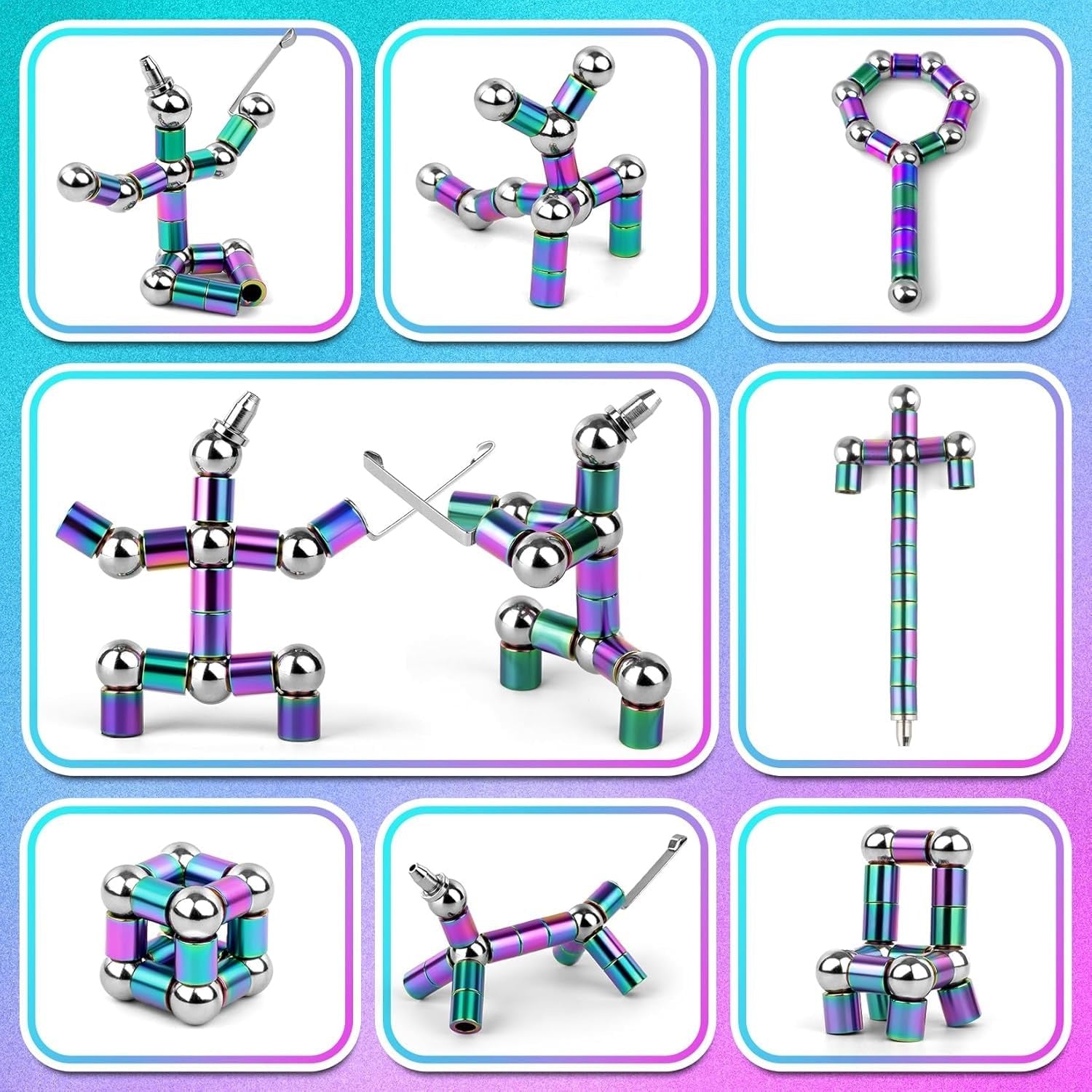 Magnetic Fidget Pen Writing & Shape-Building Toy with Rainbow Finish | Stress Relief Gadget with Rings & Balls