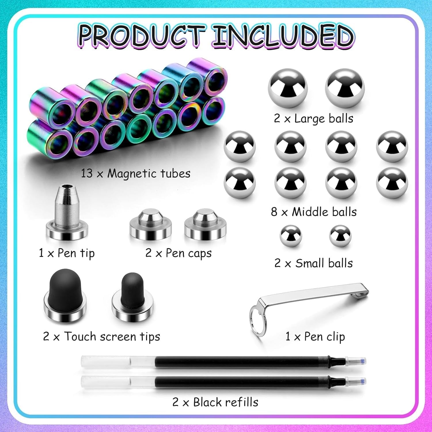 Magnetic Fidget Pen Writing & Shape-Building Toy with Rainbow Finish | Stress Relief Gadget with Rings & Balls